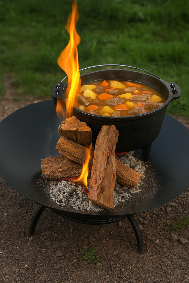 Camp oven with beef stew simmering over an open fire on a black firepit, set outdoors on bare ground.