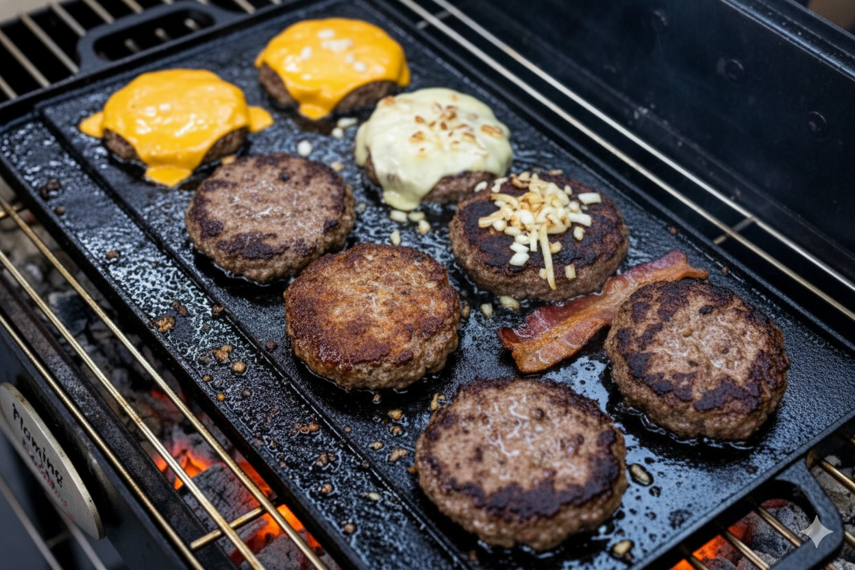 Beef patties sizzling on a cast iron griddle over charcoal, with melted cheese, bacon, and onions cooking for juicy smashed burgers. Beef patties sizzling on a cast iron griddle over charcoal, with melted cheese, bacon, and onions cooking for juicy smashed burgers.