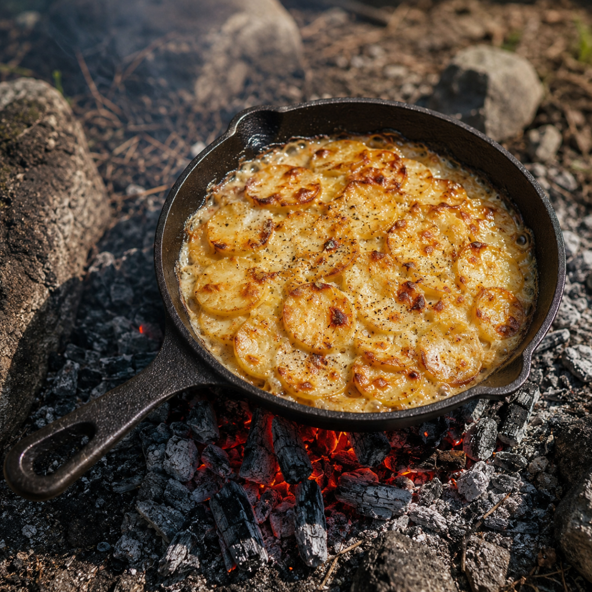 This image shows a potato bake in a cast iron pan This image shows a potato bake in a cast iron pan