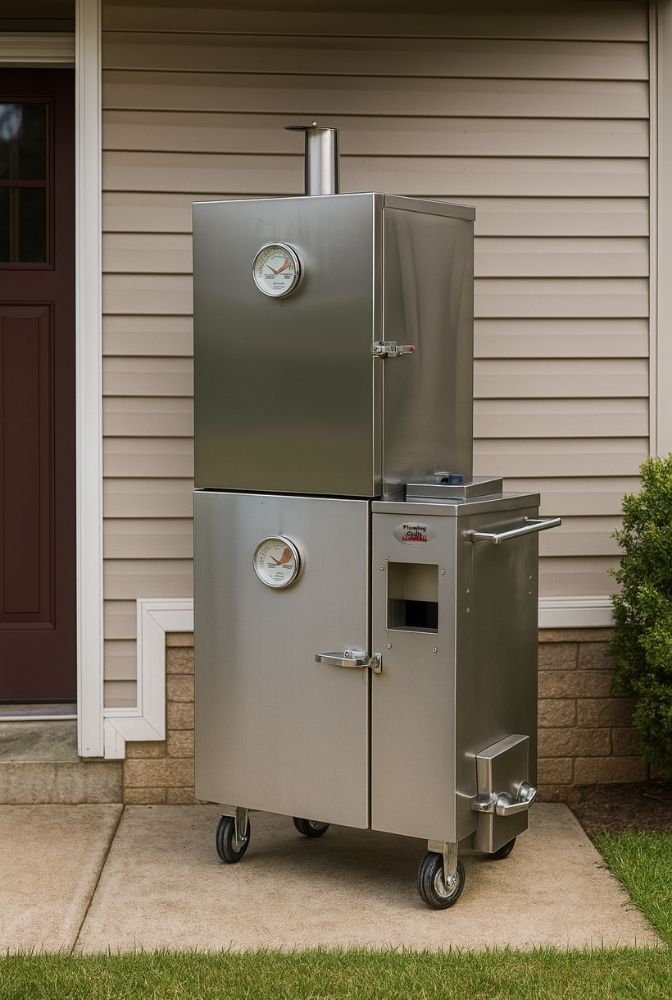 Extra large stainless steel gravity feed smoker positioned outside a home, featuring dual temperature gauges, a top chimney vent, and heavy-duty caster wheels for mobility.       