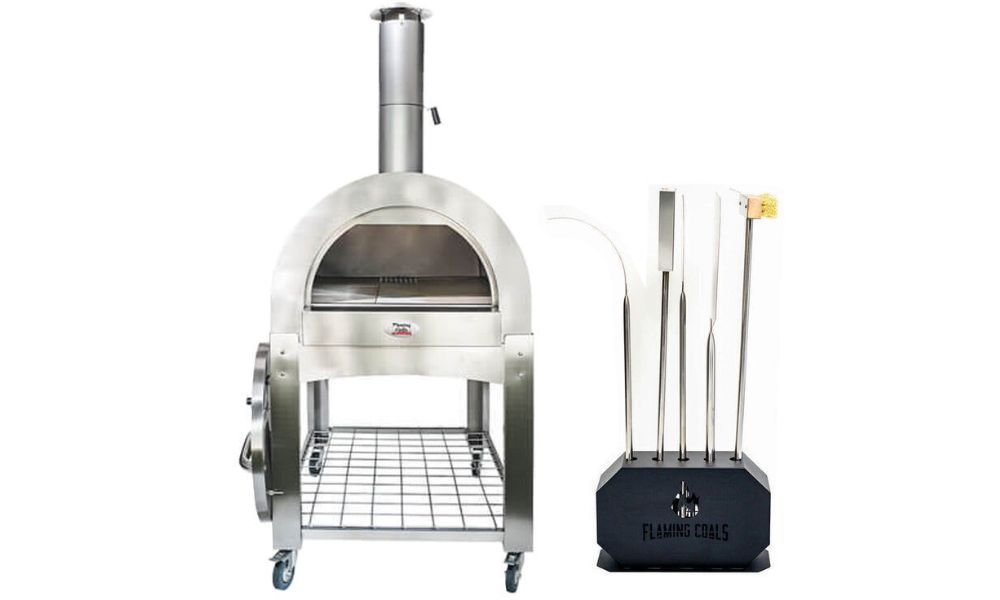 Flaming Coals Wood Fired Pizza Oven and Pizza oven tools with stand 