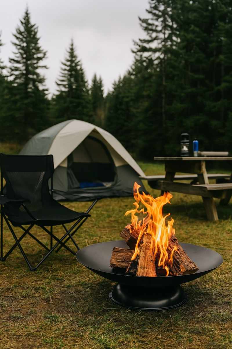  Flaming Coals 72cm Round Outdoor Fire Pit burning brightly at a campsite, with a tent, camping chair, and picnic table set up in a forest clearing.
