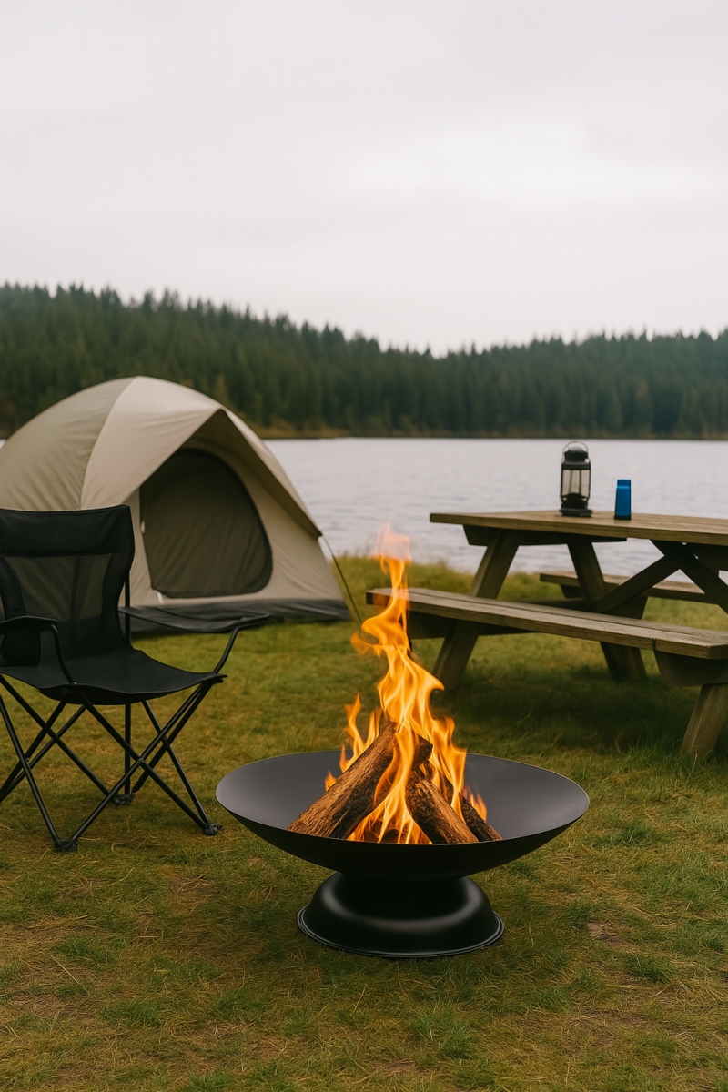 Lakeside camping scene with a Flaming Coals 72cm Round Outdoor Fire Pit burning brightly, surrounded by a tent, chair, and picnic table near the water.