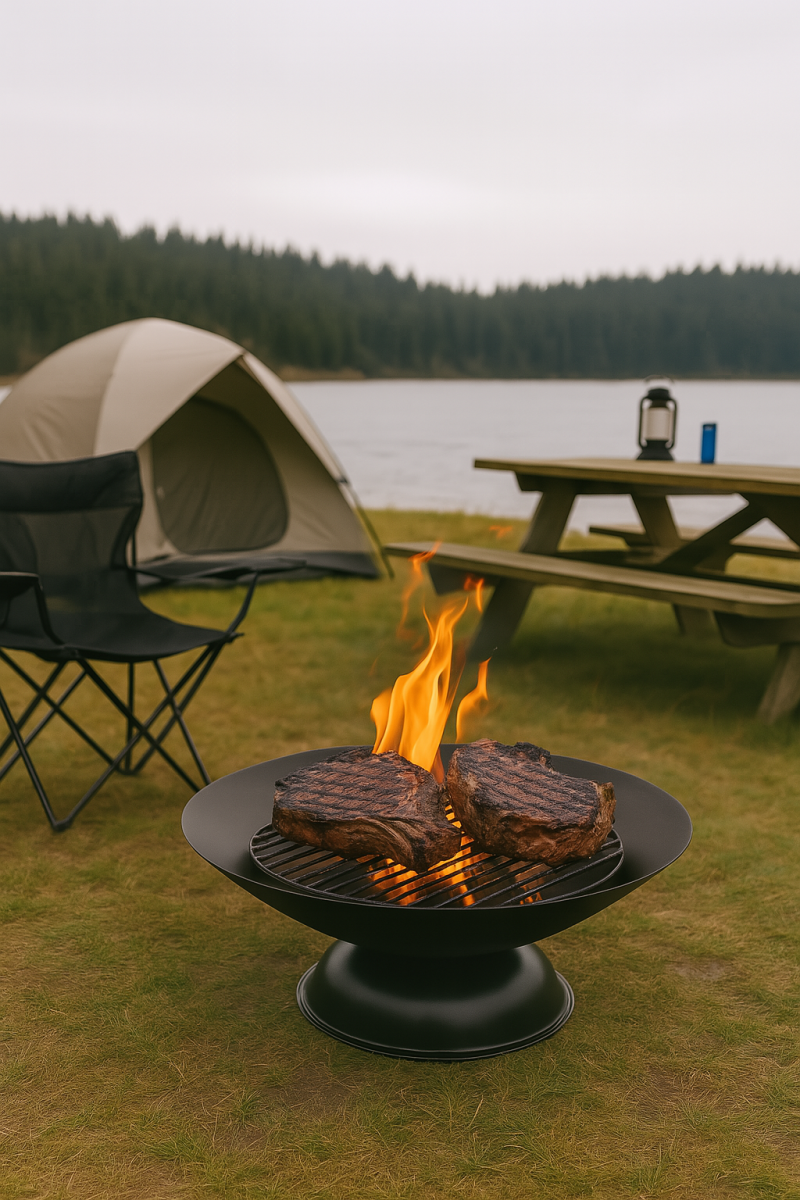 Charcoal-grilled steaks sizzling over an open flame on a round fire pit at a lakeside camping setup, with a tent, camp chair, and picnic table in the background.
