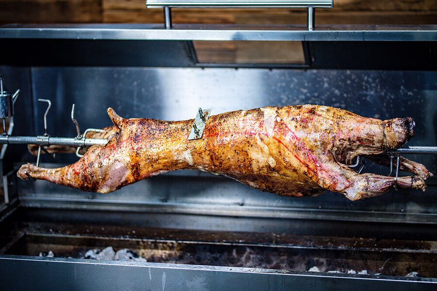  Whole lamb roasting on a rotisserie spit inside a stainless steel Flaming Coals Hooded Spartan Spit Roaster, with charcoal burning below for even cooking. 