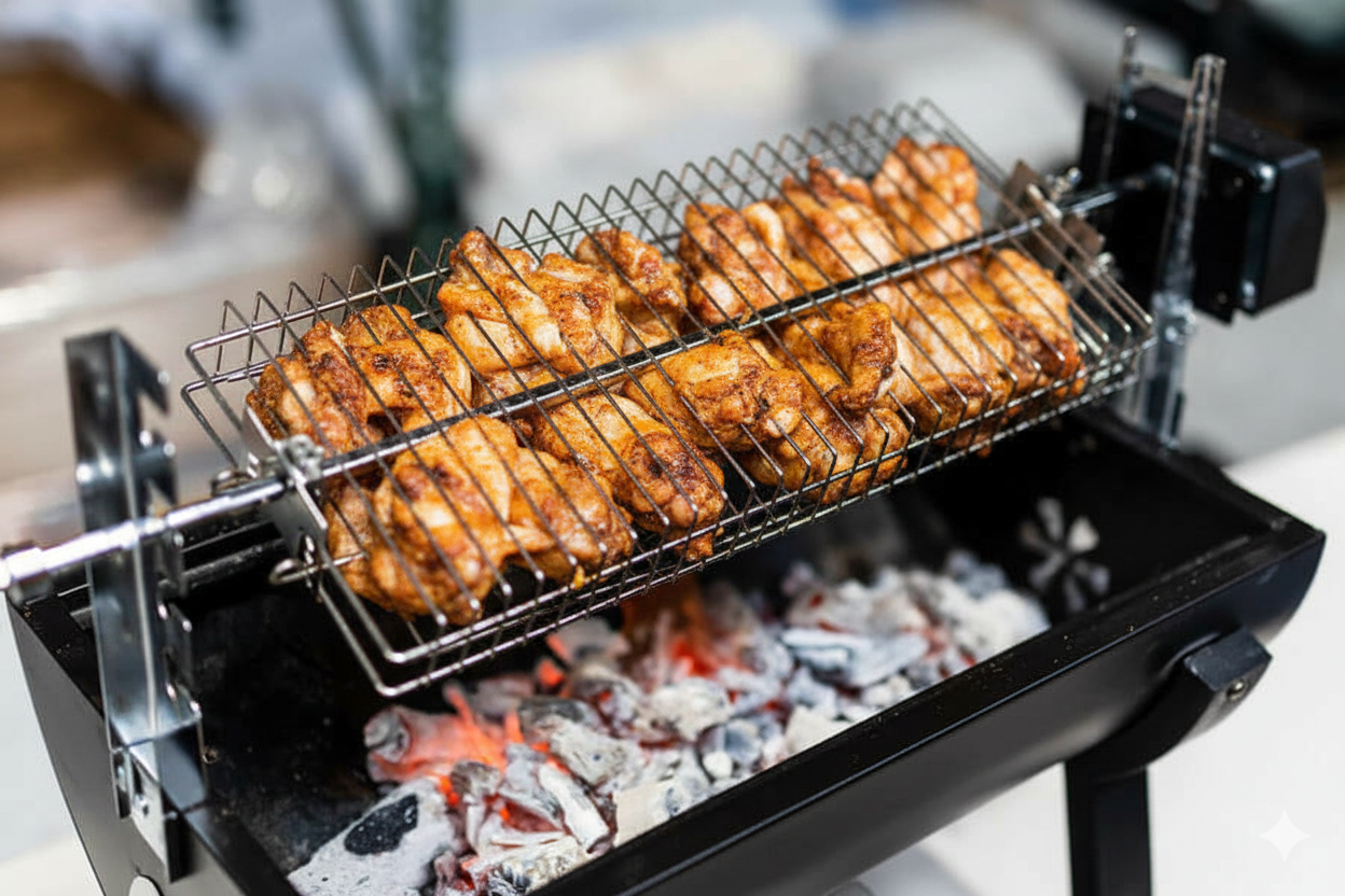 Chicken wings cooking in a Flaming Coals large multi-use rotisserie basket over hot charcoal.
