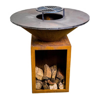 Round Rustic Firepit BBQ with Wood Storage - 1000mm - Flaming Coals