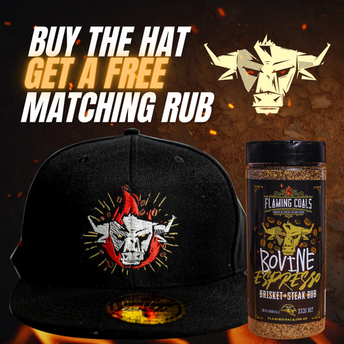 Flaming Coals Bovine Espresso Flat Brim Hat + Bovine Espresso Brisket BBQ Rub